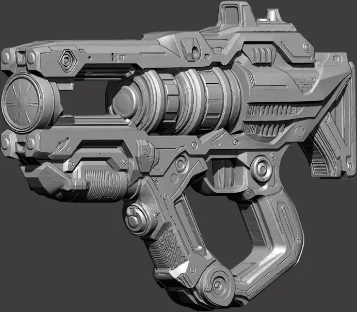 AI-assisted high-poly basemesh of a sci-fi pistol