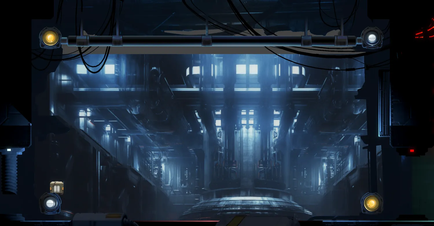 AI-assisted environment concept: an industrial sci-fi interior lit in blue