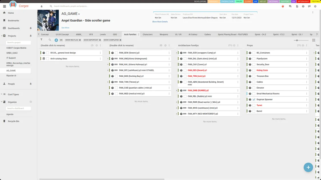 Corgee Web 2.0: project view for a side-scroller game with asset lists, architecture families and props