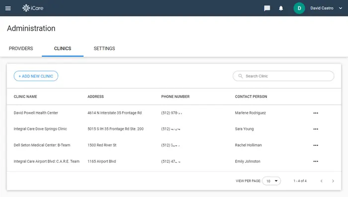 Administration screen of a clinic management platform listing clinics with address, phone and contact person