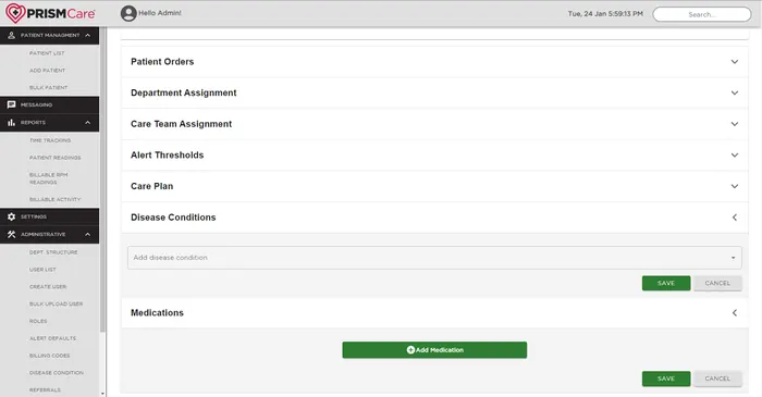 Clinician web app of a remote patient monitoring platform: patient orders, care team, thresholds, care plan and medications